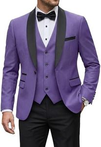 YND Men's 3 Piece Slim Fit Tuxedo Suit Set, One Button Shawl Collar Solid Business Blazer Jacket Vest Pants with Bow Tie, Light Purple