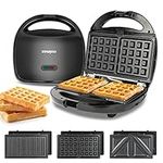 Cusimax Sandwich Maker, 3-in-1 Waffle Iron for Egg, Ham, Steaks, Toaster, Waffle, Non-stick Plate, Easy Storage & Clean, Indicator Light, Cool Touch Handle, Black