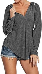 Ezcosplay Women Deep V Neck Solid Pullover Hoodies Casual Lightweight Drawstring Loose Hooded Sweatshirt