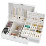 E-MANIS Jewelry Box,Jewelry Boxes for Women Girls 2 Layers Jewelry Organizer Box PU Leather Travel Jewelry Case with Lock Jewelry Storage Box Removable Tray for Rings Earrings Necklace Watches,White