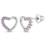 925 Sterling Silver Pink Cubic Zirconia Open Heart Screw Back Earrings for Toddlers & Young Girls - Stylish Pink CZ Earrings - Crystal Encrusted Open Heart Stud Earrings