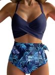 Dokotoo Bathing Suit for Women Tummy Control Two Piece Sexy Vacation 2025 Summer Adjustable Straps Twist Front Tie Up High Waisted Bikini Suit Swimsuit Beach Swimwear Set Blue Medium