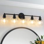 Bathroom Vanity Light 5 Light, Black Bathroom Light Fixtures with Clear Globe Glass Shade, Matted Black Wall Sconce Over Mirror for Bathroom, Kitchen, Living Room