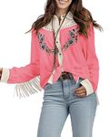 JOHN MOON Women's Embroidered Western Long Sleeve Buttons Down Shirts Fringed Retro Cowgirl Blouses Shirts Pink