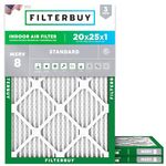 Filterbuy 20x25x1 Air Filter MERV 8 Dust Defense (3-Pack), Pleated HVAC AC Furnace Air Filters Replacement (Actual Size: 19.50 x 24.50 x 0.75 Inches)