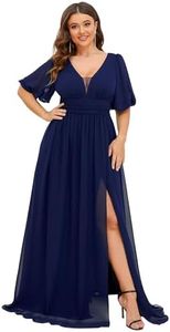 Ever-Pretty Plus Womens V-Neck Puffy Sleeves Empire Waist Backless Pleated Plus Size Prom Evening Dresses Navy Blue US16