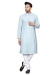 Latest Chikan Men's Cotton Regular Striped Knee Lenght Kurta Full Sleeves - Casual Ethnic Wear Baby Blue