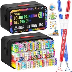 DICEKOO 216 Pack Acrylic Gel Pens for Coloring, Includes 144 Colors Gel Pens & 72 Colors Glitter Pens, 1mm Fine Tip Colored Gel Pens, 50% More Ink, Acrylic Pens for Black Paper, Journaling, Drawing