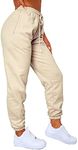 Waitfairy Womens Winter High Waisted Sweatpants Drawstring Jogger Sweat Pants Cinch Bottom Workout Trousers, Khaki, Small