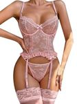 popiv Womens Lingerie Sexy Lingerie for Women Lace Garter Lingerie Set with Stockings 3 Piece Underwear and Panty Sets Pink