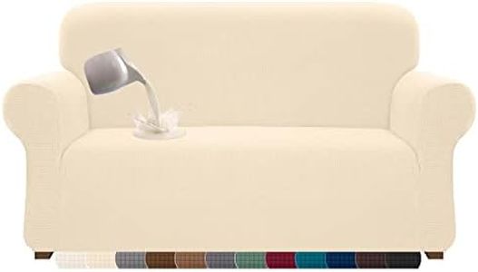 (Medium, Beige) - Cherrypark High Stretch Couch Cover for 2 Cushion Couch Universal Waterproof 2 Seat Sofa Covers Non Slip Sofa Slipcovers with Elastic Hem Living Room Furniture Protector (Medium, Beige)