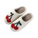 NEVEROLD Fun Cute Trendy Colorful Cartoon Illustrated Cozy Fluffy Plush Fur Slip On Cushion House Slippers for Women, Men, Girls, and Boys, Cherry, Small