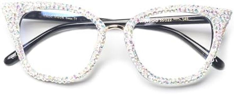 bullabulling Cat Eye Reading Glasses Bling Rhinestones color Crystal Diamond Frame Eyewear Anti Blue Light Reader (AB, 2.25, x)