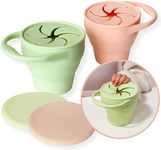 2 Pack, Snack Cup for Toddlers, Baby Snack Cup Collapsible Food-Grade Silicone Snack Container for Kids with Silicone Snack Catcher Lids Spill Proof Design (Olive, Peach)