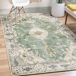 MUJOO Boho Rug 3'x5' Area Rug Small Green Rug Vintage Machine Washable Rugs for Entryway Bedroom Bedside Kitchen Hallway Living Room Laundry Room Indoor Mat Non Slip Soft Low-Pile Floral