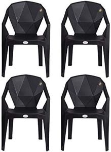 PETALS Nakshatra Diamond Cut Plastic Chairs Set of 4 | Fiber Armchair for Home/Living/Drawing/Patio/Office/Garden & Outdoor | Capacity 150kgs, Black