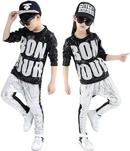 lontakids Boys Girls Sequins Hip Hop Costume Modern Hip-hop Street Dance Clothing Set (8, Black&Silver)