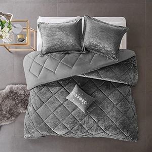 Intelligent Design Queen Duvet Cover Set, Velvet Queen Duvet Set, Luxury Diamond Quilting Grey Duvet Cover, Fluffy Duvet Cover with Decorative Pillow and 2 Shams, 4 Pieces, Grey, Full/Queen