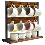 IBUYKE Rustic Coffee Mug Holder Stand, 2 Tier Countertop Mug Tree Holder Rack with Storage Base, Vintage Mug Holders for Kitchen, Holds 16 Mugs, Rustic Brown TBJ001H