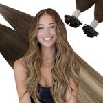 16Inch, Dark Brown Ombre Medium Brown Mix Bleach Blonde: Ugeat 16" Flat Tip Cold Fusion Hair Balayage Human Hair Extensions 1G Per Strand 50 Strands/Package Color Dark Brown Ombr
