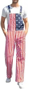 Fiksmigo American Flag Overalls for Men 4th of July Patriotic Jumpsuits Red White Blue Stripes Coveralls with Pockets