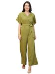 Globus Women Green Solid V-Neck Drop Shoulder Waist Tie-Up Jumpsuit-3640643004