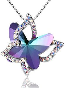 GEMMANCE Butterfly Crystal Necklace with Rainbow Fluorite Purple Healing Stone for Calming Mind, Silver-Tone, 18”+2”Chain