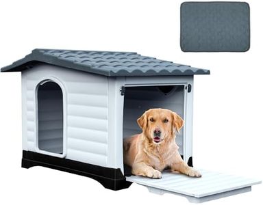 YITAHOME 43.7'' Large Double Door Dog House with Porch & Cushion, Outdoor Plastic Doghouse with Elevated Base, Easy to Install, Water-Resistant Pet House for Medium Large Dogs (43.7''L*33''W*31.6''H)