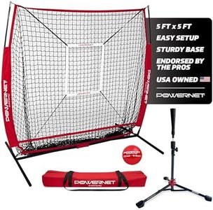 PowerNet Baseball Bundle, 5x5 FT Hitting and Pitching Net with Batting Tee, Softball & Baseball Training Equipment, Weighted Ball & Bag (Red Net & Tee)