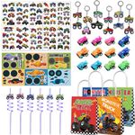 Monster Truck Party Favors Set,72 PCS Party Gifts Include Mini Truck,Truck Stickers,Keychain,Straws,Temporary Tattoos,Goodie Bags for Party Decorations (Monster Truck 2)