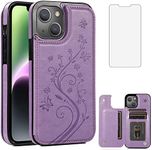 Compatible with iPhone 15 Plus 6.7 inch Case with Tempered Glass Screen Protector and Card Holder Wallet Cover Stand Flip Leather i-Phone 15+ iPhone15Plus 5G i i15 + iPhone15 15Plus Women Purple