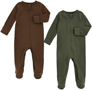 Aablexema Baby Pajamas with Feet and Mittens 2-Pack Zip Up Infant Cotton Long Sleeve Footies Sleep and Play Onesie(Olive & Coffee,Newborn)