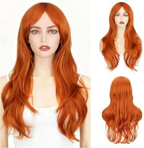 S-noilite 26 inch Orange Wig with Bangs for Women Long Wavy Ginger Wig Heat Resistant Synthetic Hair Girl's Colorful Anime Cosplay Wigs for Halloween Costume Party