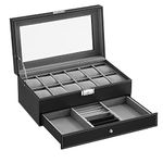 SONGMICS Watch Box, Watch Box, Glass Lid, 2 Levels, 12 Watches, Lockable, 1 Drawer, Rings, Bracelets, Black Coating and Grey Lining JWB012G01