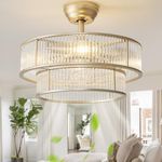 YADZSLY 20" Caged Gold Crystal Fandelier Ceiling Fans with Lights, Gold Crystal Chandelier Ceiling Fan with Light Remote Control, Modern Enclosed with 6 Speeds for Bedroom, Nursery, Foyer, Living Room