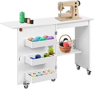 VIVOHOME Folding Sewing Craft Table, Rolling Sewing Machine Desk with Storage Shelves, Sewing Cabinet with Lift for Small Spaces, White