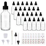 Comrzor 24 Pack 2oz Clear Glass Bottles with Glass Eye Droppers for Essential Oils, Perfumes & Lab Chemicals (Brush, Funnels, 2 Extra Droppers, 36 Pieces Labels & 30ml Measuring Cup Included)