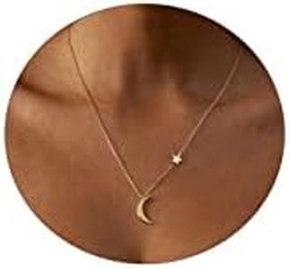 Feskive 14k Gold/Silver Plated Crescent Moon Necklace Tiny Moon and Star Necklace Dainty Sun Leaf Necklace Gold Pendant Necklace for Women Delicate Minimalist Jewelry