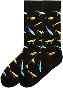 K BELL Men's Sports and Outdoors Fun Novelty Crew Socks, Lures (Black), Shoe Size: 6-12, Lures (Black), Shoe Size: 6-12