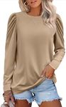 Zeagoo Womens Tops Puff Long Sleeve Shirts 2024 Fall Winter Casual Crew Neck Pullover Blouse Lightweight Soft Tunics, Light Brown, XX-Large