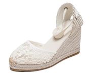 U-lite Womens Espadrille Wedge Sandals Closed Toe Platform Lace Up Ankle Strap Slingback Summer Dress Shoes, White Lace-3", 5.5