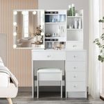 White Vanity Desk with Mirror and Lights, Makeup Vanity with Lights & Drawers, 3 Lighting Colors, Makeup Desk Dressing Table with Hidden Storage Shelves & 5 Drawers