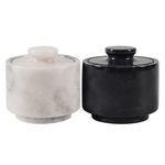 MARBLOUS KRAFTS 3"x3" marble salt cellars set of 2 with lid 3.5oz, herb pot dispenser & candy bowl for modern kitchen countertop, jewelry dish decorative bowl container (White and Black)