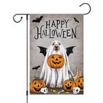 Louise Maelys Happy Halloween Garden Flag with Ghost Golden Retriever Dog and Pumpkin 12x18 Inch Small Burlap Yard Holiday Welcome Decor Outdoor Outside House Flag (Only Flag)