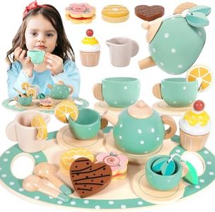 ENCOUN 17Pcs Juegos de Té Infantiles, Juego de té Juguete con Postre, Accesorios Cocina Juguetes, Juguetes de Madera, Juegos de Simulación de Cocina, Juguete Regalo para Niñas 3 4 5+años