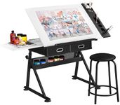 Yaheetech Height Adjustable White Art Desk for Adults, Tilting Tabletop Drafting Drawing Table with Extra Large Desktop and Drawers, Foldable Stand up Craft Painting Table and Chair Set with Stools