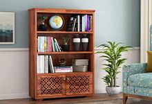 Vivek Wood Solid Wood Display Unit Book Shelves for Living Room | Open Bookcase Shelf with 3 Shelf & 2 Door Cabinet Storage | Sheesham Wood, Honey Finish