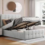 Ottoman Small Double Bed Frame, Upholstered Gas Lift Up Bed Frame With Storage, Ottoman Storage Bed With Gas Lift End Opening Wooden Slats, (4ft Grey Small Double Bed Frame, No Mattress Included)