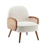 Aklaus Mid Century Modern Accent Chair Armchair with Rattan Arms Upholstered Rattan Hobo Accent Chairs for Living Room Bedroom Balcony Sherpa Teddy Fabric Reading Chairs Side Club Chair White