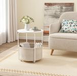 Matoresu Round End Table, Side Table for Living Room, Small Bedside Table for Small Spaces, Modern White Nightstand for Bedroom Nursery with Fabric Storage Basket